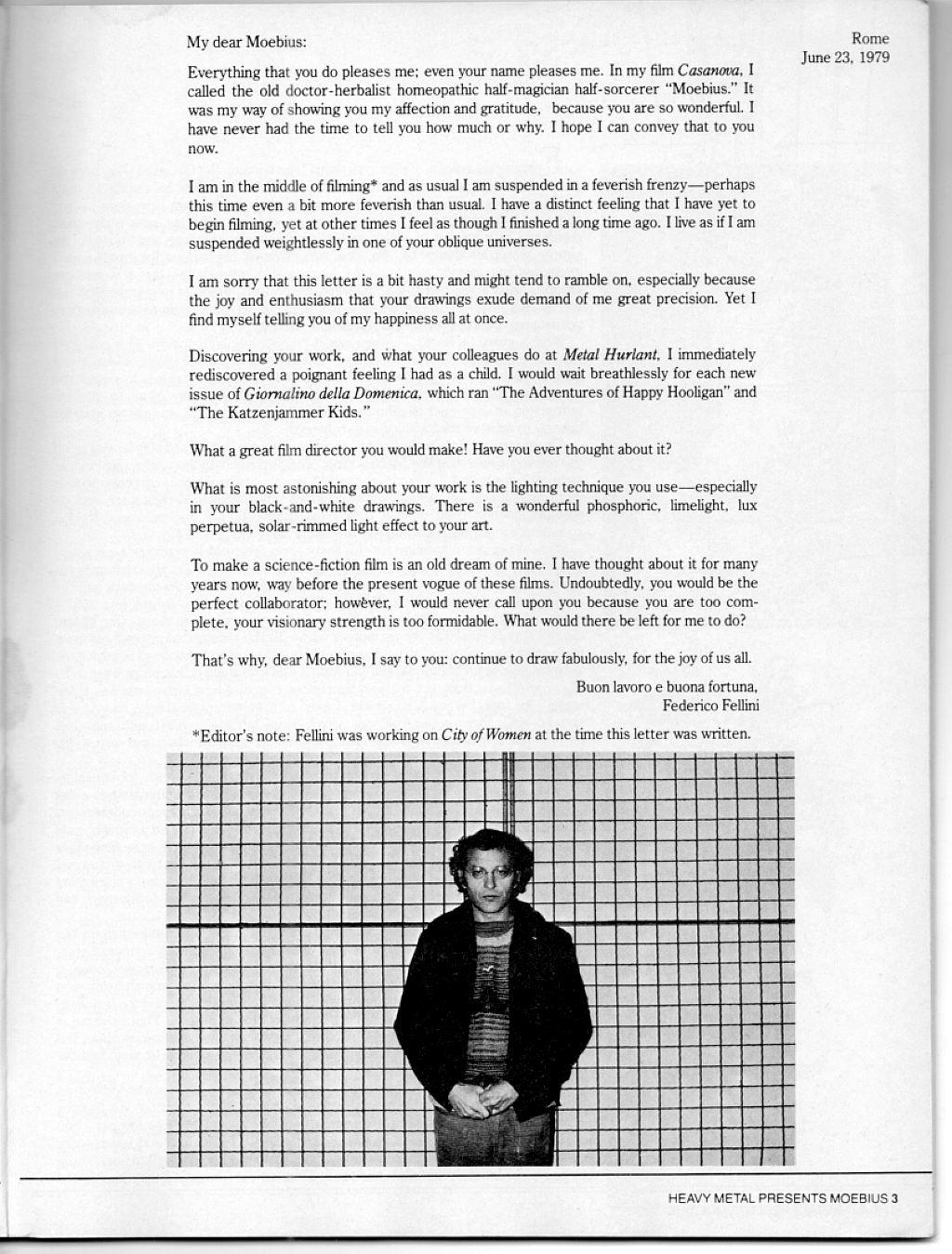 Pagina de introducción de Heavy metal Moebius de 1981 de Federico Fellini a Moebius