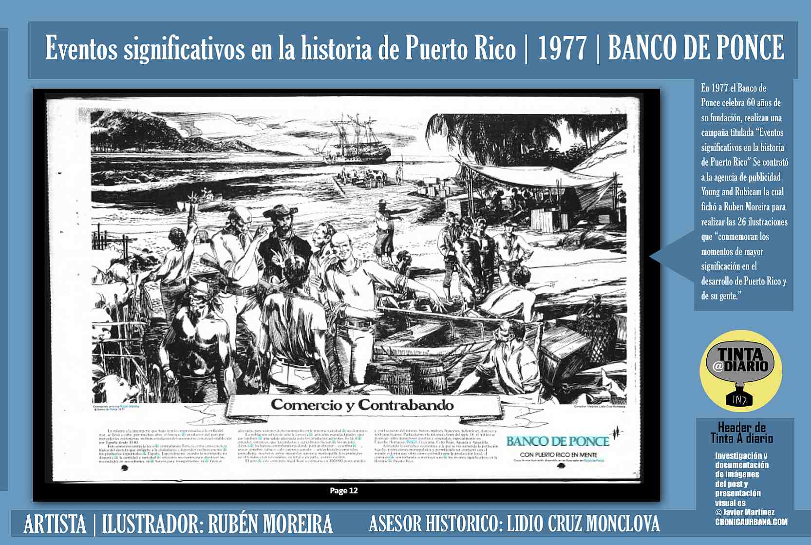 COMERCIO Y CONTRABANDO | Eventos significativos en la historia de Puerto Rico | 1977 | BANCO DE PONCE | ARTISTA | ILUSTRADOR: RUBÉN MOREIRA | El Mundo, 1977.09.19