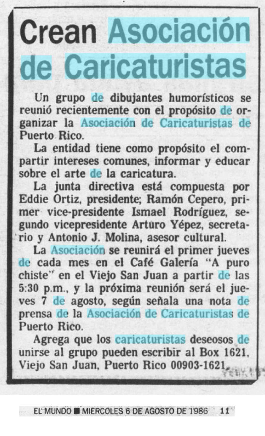 Crean Asociación de caricaturistas de Puerto Rico 1986