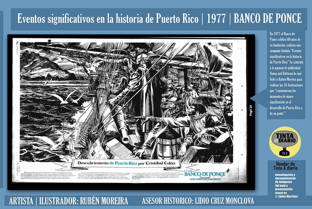 DESCUBRIMIENTO DE PUERTO RICO POR CRISTÓBAL COLON | Eventos significativos en la historia de Puerto Rico | 1977 1977.04.18 | BANCO DE PONCE | ARTISTA | ILUSTRADOR: RUBÉN MOREIRA | Periódico El Mundo