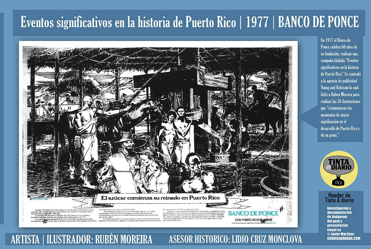 EL AZÚCAR COMIENZA SU REINADO EN PUERTO RICO | Eventos significativos en la historia de Puerto Rico | 1977 | BANCO DE PONCE | ARTISTA | ILUSTRADOR: RUBÉN MOREIRA | El Mundo, 1977.07.26.