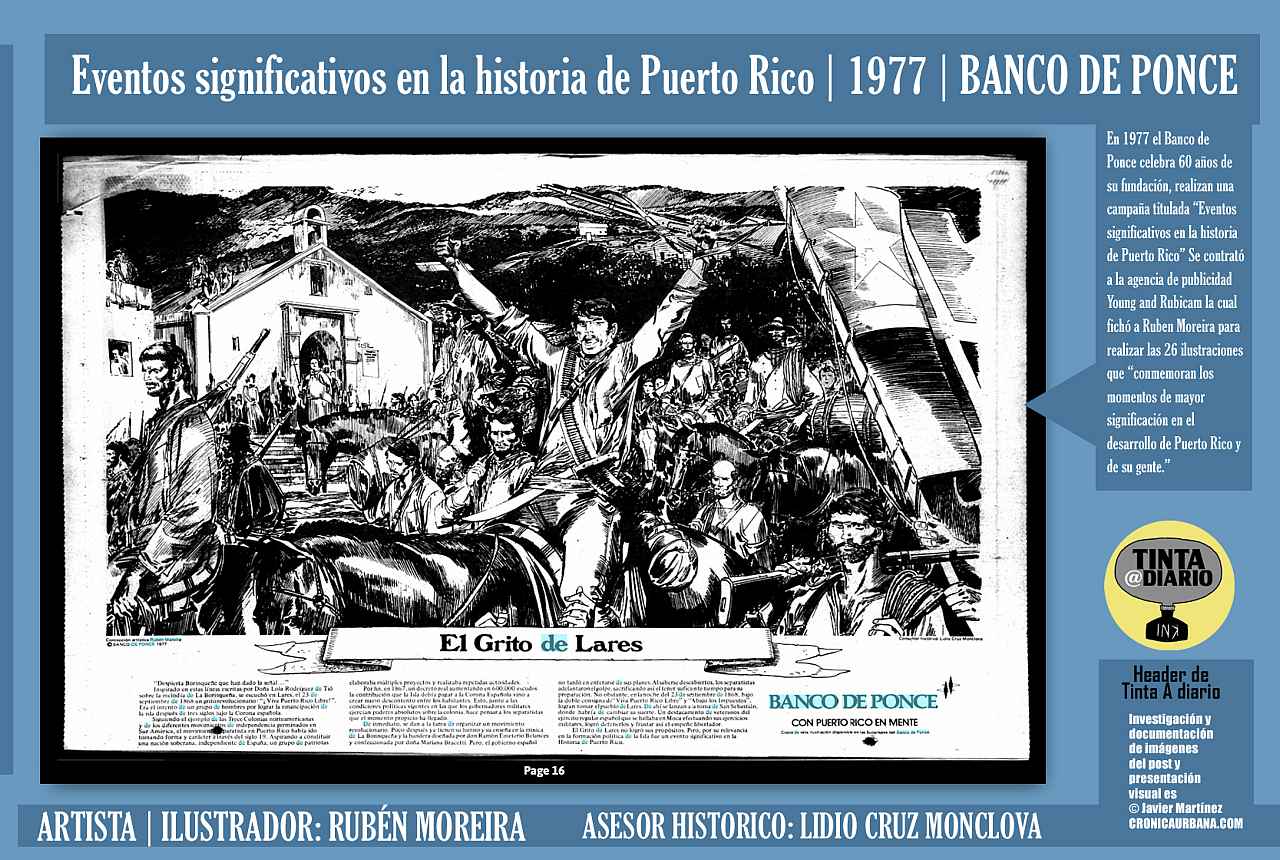 EL GRITO DE LARES | Eventos significativos en la historia de Puerto Rico | 1977 | BANCO DE PONCE | ARTISTA | ILUSTRADOR: RUBÉN MOREIRA | El Mundo, 1977.11.28