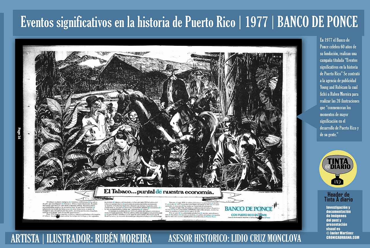 EL TABACO…PUNTAL DE NUESTRA ECONOMÍA | Eventos significativos en la historia de Puerto Rico | 1977 | BANCO DE PONCE | ARTISTA | ILUSTRADOR: RUBÉN MOREIRA |  El Mundo, 1977.09.05