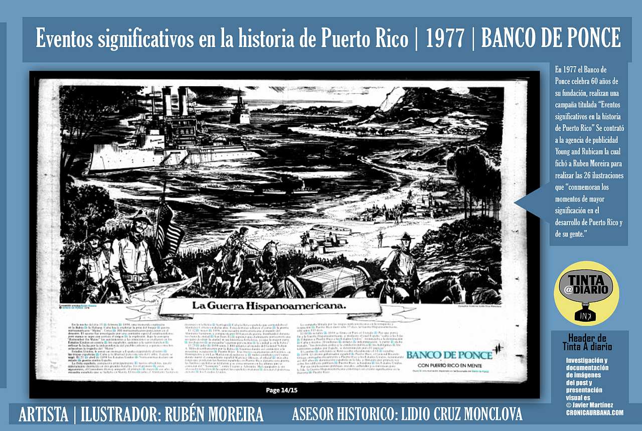 LA GUERRA HISPANOAMERICANA | Eventos significativos en la historia de Puerto Rico | 1977 | BANCO DE PONCE | ARTISTA | ILUSTRADOR: RUBÉN MOREIRA | El Mundo, 1978.01.23