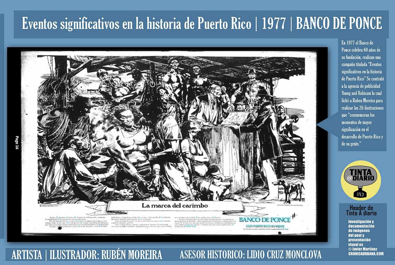 LA MARCA DEL CARIMBO | Eventos significativos en la historia de Puerto Rico | 1977 | BANCO DE PONCE | ARTISTA | ILUSTRADOR: RUBÉN MOREIRA | BANCO DE PONCE - El Mundo, 1977.06.27