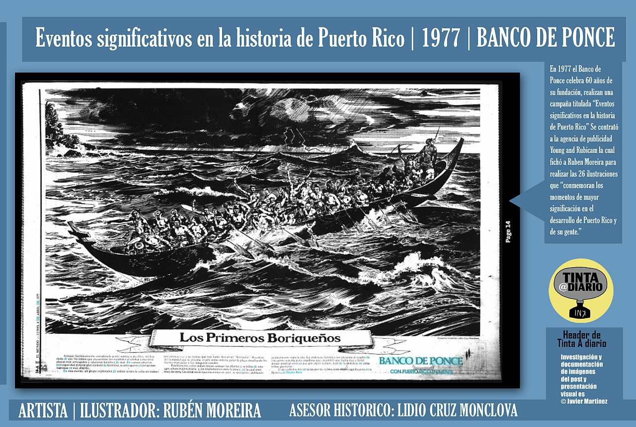 Los primeros Boriqueños | Eventos significativos en la historia de Puerto Rico | 1977 | BANCO DE PONCE | ARTISTA | ILUSTRADOR: RUBÉN MOREIRA | Abril 4 de 1977 primera ilustración publicada