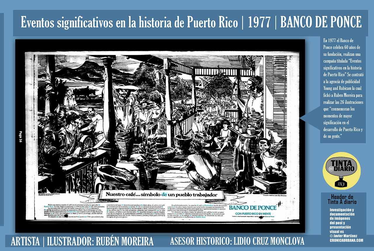 NUESTRO CAFÉ…SÍMBOLO DE UN PUEBLO TRABAJADOR | Eventos significativos en la historia de Puerto Rico | 1977 | BANCO DE PONCE | ARTISTA | ILUSTRADOR: RUBÉN MOREIRA | BANCO DE PONCE -El Mundo, 1977.08.22