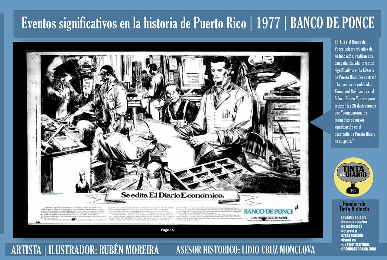 SE EDITA EL DIARIO ECONÓMICO- | Eventos significativos en la historia de Puerto Rico | 1977 | BANCO DE PONCE | ARTISTA | ILUSTRADOR: RUBÉN MOREIRA | El Mundo, 1977.10.03