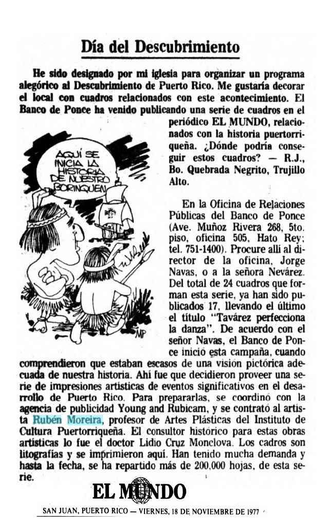 <br> LINEA DIRECTA preguntas de ciudadanos acerca de Eventos significativos en la historia de Puerto Rico-El Mundo, 1977, caricatura de la nota de Miche Medina