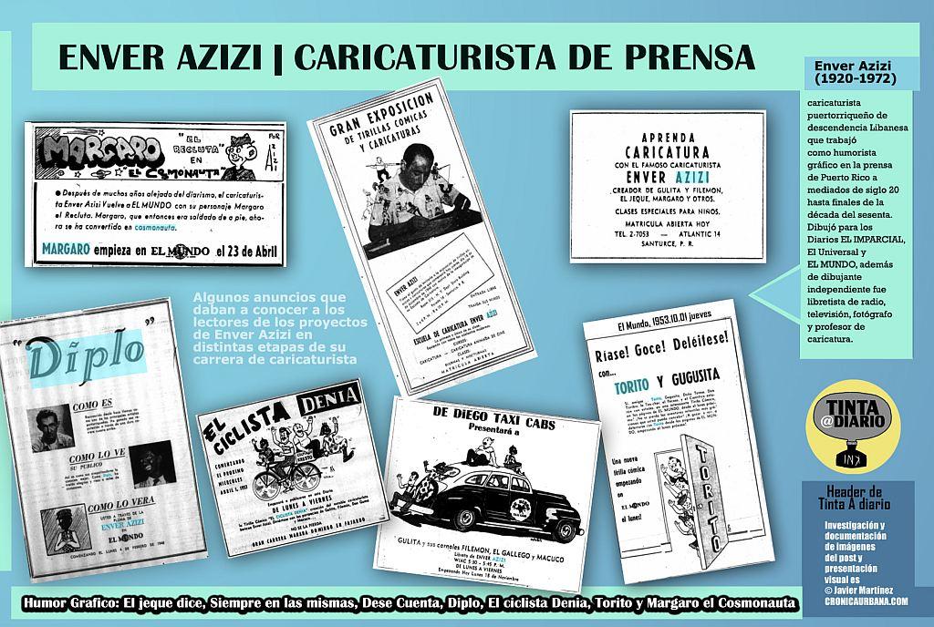 Enver Azizi Caricaturista de prensa en Puerto Rico, "anuncios de algunas de sus creaciones y de la escuela de caricatura