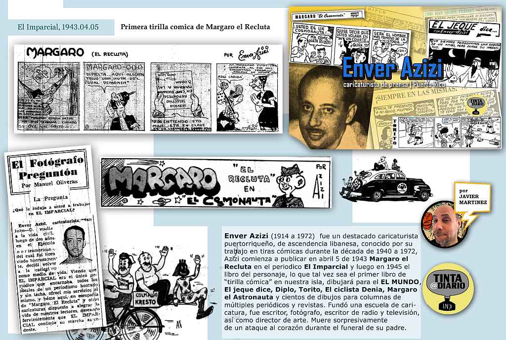 Enver Azizi, primera tirilla de Margaro el recluta publicada en El Imparcial, tambien una nota de comentario de Azizi, tambien en el mismo periodico, Margaro el cosmonauta y otras imagenes fueron publicadas en EL MUNDO.