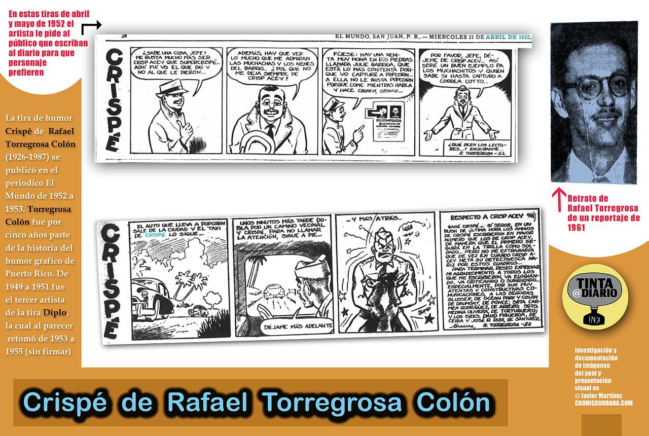 El personaje se dirige al publico para que selecciones a su favorito. Tira de humor Crispé de Rafael Torregrosa Colón en el diario El Mundo 1952 a 1953