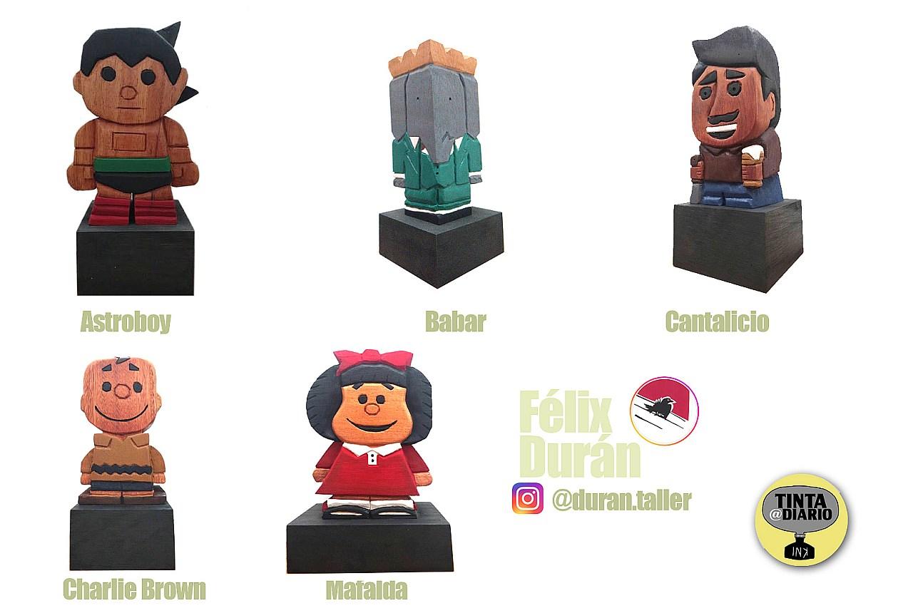 Félix Durán tallas en madera de personajes dela caricatura, en la imagen ASTROBOY, BABAR, CANTALICIO, CHARLIE BROWN, MAFALDA | fotos de las piezas talladas son de las redes de Félix Durán y han sido editadas por Javier Martinez | Tinta A Diario.