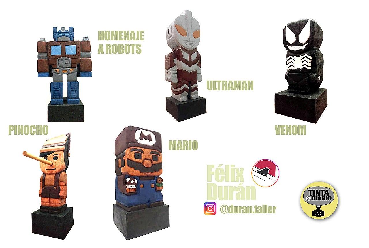 Félix Durán tallas en madera de personajes de la caricatura, en las imagenes estan un HOMENAJE A ROBOTS, ULTRAMAN, VENOM, PINOCHO Y MARIO | fotos de las piezas talladas son de las redes de Félix Durán y han sido editadas por Javier Martinez | Tinta A Diario.
