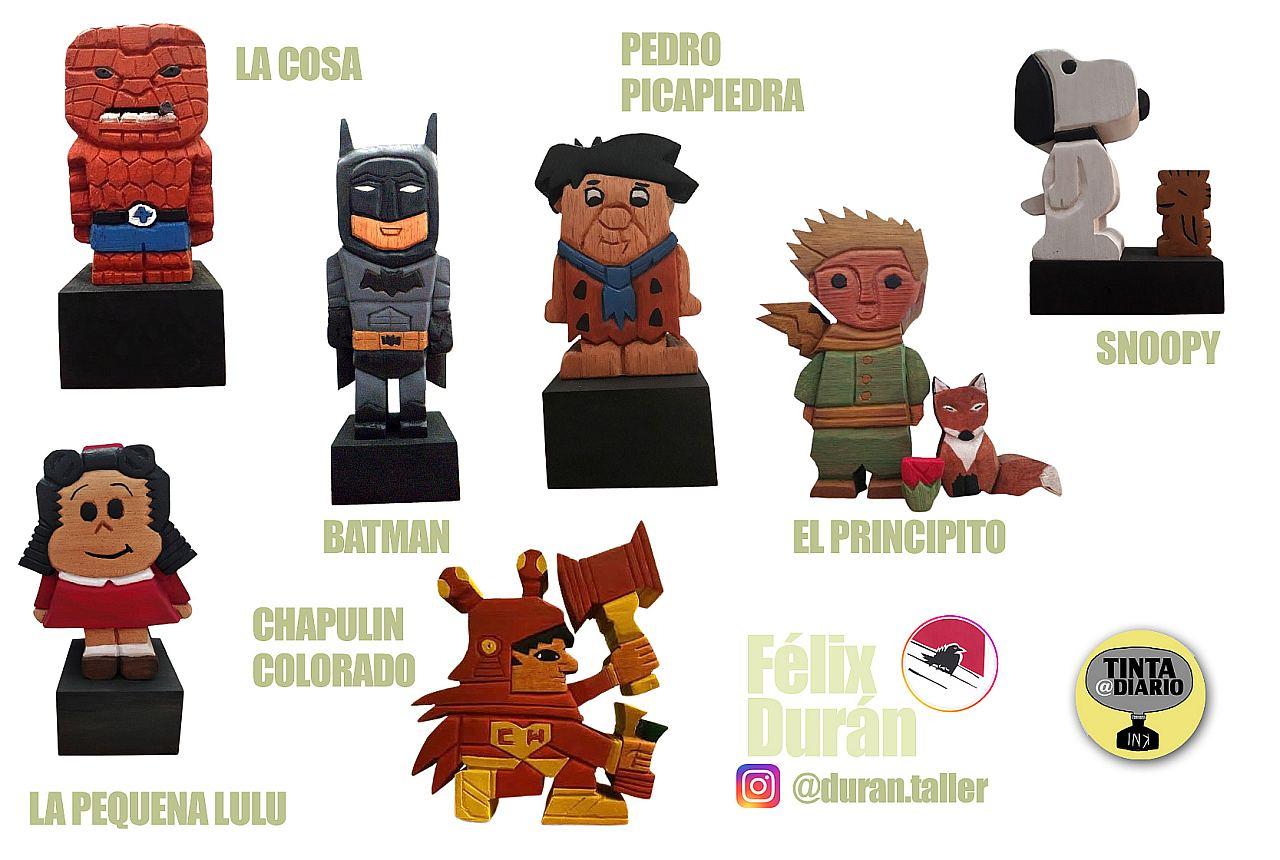 Félix Durán tallas en madera de personajes de la caricatura | en las imágenes se encuentran LA COSA, BATMAN, PEDRO PICAPIEDRA, EL PRINCIPITO, SNOOPY Y LA PEQUENA LULU | fotos de las piezas talladas son de las redes de Félix Durán y han sido editadas por Javier Martinez | Tinta A Diario.