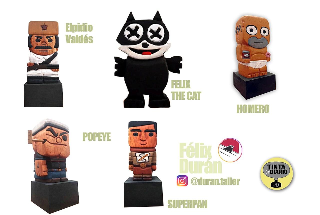 Félix Durán tallas en madera de personajes dela caricatura, en las imagenes los personajes de Elpidio Valdez, Felix the cat, Popeye, Homero, SuperPan | fotos de las piezas talladas son de las redes de Félix Durán y han sido editadas por Javier Martinez | Tinta A Diario.