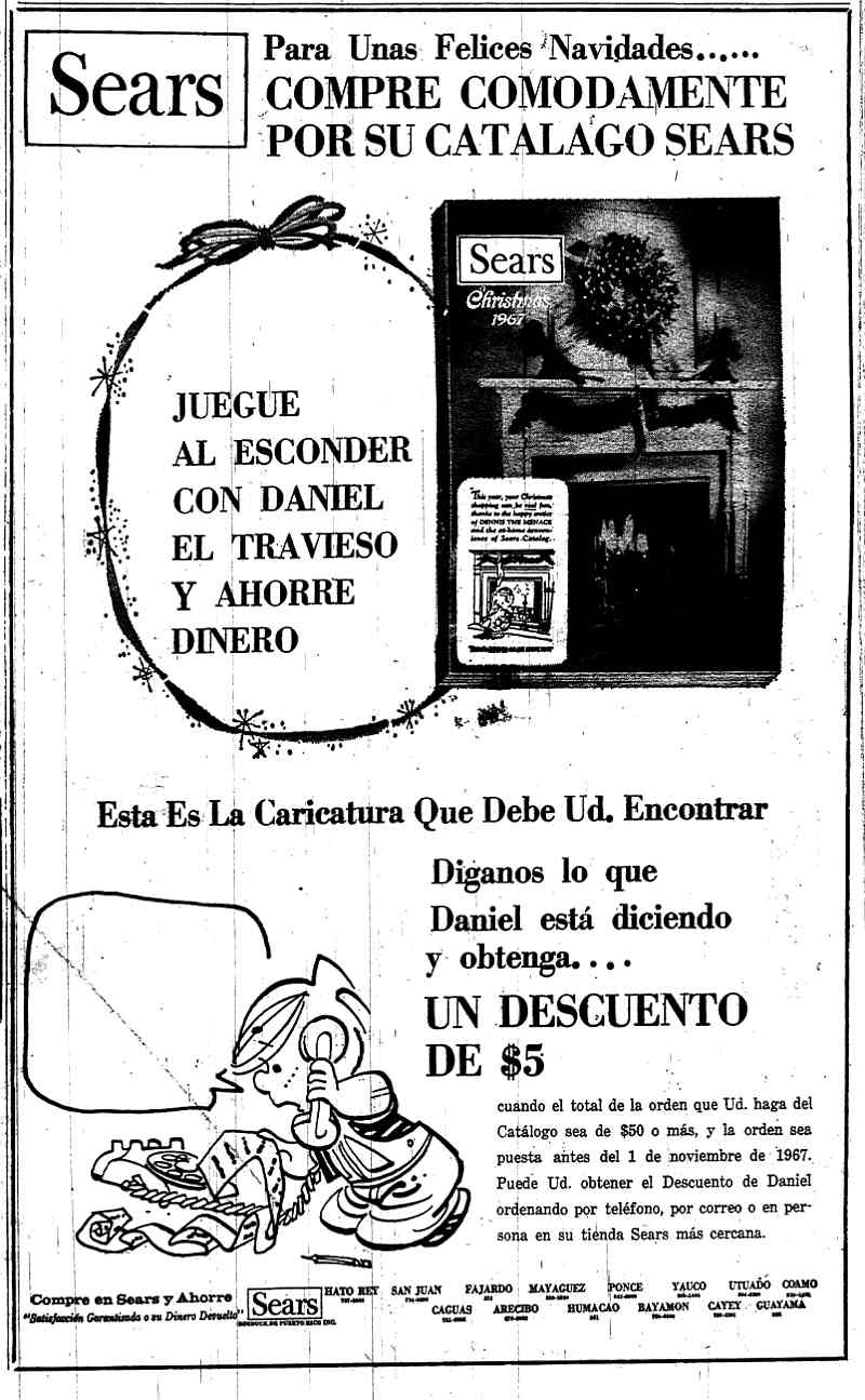 Esta Es La Caricatura Que Debe Usted Encontrar | Campaña publicitaria Navideña de Sears en 1967 con el personaje de Daniel el Travieso en la prensa de Puerto Rico