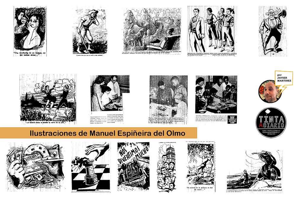 Manuel Espiñeira del Olmo fue un artista Español ( madre boricua, padre español ) nacido en Puerto Rico pero criado en España, fue escritor e ilustrador, artista grafico en las ediciones sabatinas y dominicales del diario El Imparcial. Algunas ilustraciones arriba acompañaron sus escritos, una que otra, los escritos de otros columnistas y en al menos tres ocasiones fue fotografiado en la redacción del diario, mostrándoles a estudiantes como se realizaban los artes originales que se publicarían en el periódico.