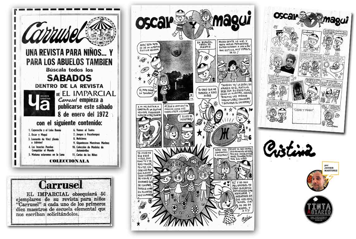 Algunos anuncios dando a conocer los contenidos de la Revista Carrusel, la firma de la artista así como de las primeras paginas publicadas