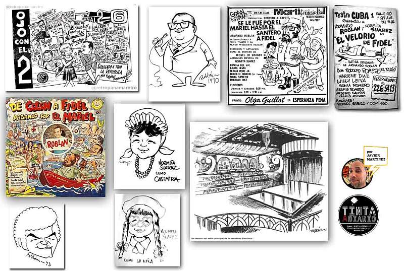 Estas imágenes se han encontrado en facebook así como en internet. al tope caricatura para televisora en panamá, imagen publicada por RETROPANAMA, caricatura que entiendo es Gaspar Pumarejo por Roblan y publicada por la asociacion de caricaturistas en facebook ante su muerte en 2013, promociones de obras de teatro encontradas en facebook, portada del disco De colón a Fidel , la actriz Norma Suárez caricaturizada en dos ocasiones ( caricaturas una encima de la otra) por Roblan, imágenes de la página de facebook de la hija de Suarez, a la derecha abajo imagen de facebook de una caricatura que fue restaurada, el restaurador la publicó en redes y por ultimo dibujo de la discoteca “Rennata” (para la cual hizo un mural con personalidades, esta imagen fue publicada en el diario EL MUNDO