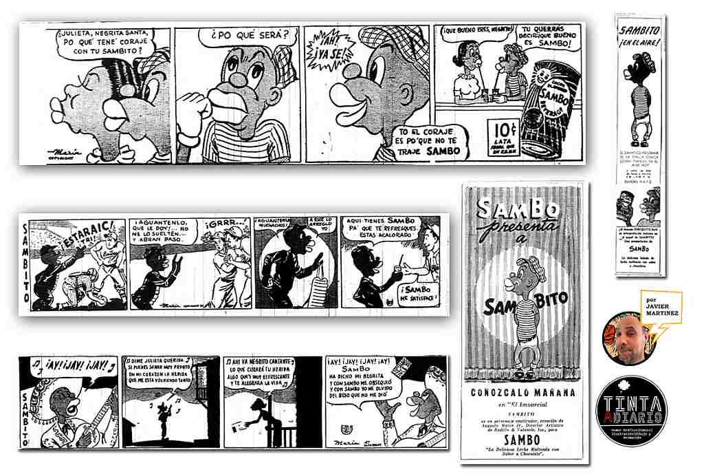 Tira Sambito por Augusto Marín 1947, Al tope primera tira publicada en el imparcial en septiembre 18 y las restantes dos son de octubre 2 y 16. A la derecha se muestra publicidad anterior a la publicación de la tira y ya luego promocionando el personaje en radio.