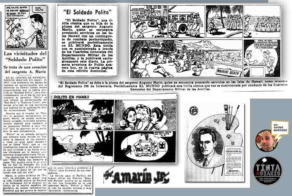 Reportaje antes de publicación en el diario el mundo. Nota indicando el comienzo de la tira. Dos ejemplos de la tira Polito en Hawaii. Anuncio con autorretrato del artista para anunciar su designación como Director artístico de Publicidad y por ultimo la firma del artista ampliada.