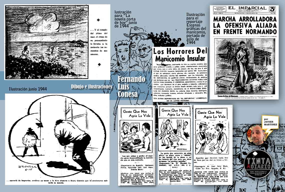 Ejemplos de ilustraciones de Conesa realizadas para cuentos o relatos, dibujo para portada en reportaje acerca del manicomio insular y tres dibujos para Gente que nos agria la vida