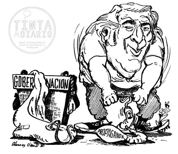 Carlos Romero Barceló inflando con propaganda el Globo de la Gobernación, Reportaje ¿Ganará CRB en noviembre?, 10 de septiembre de 1980, dibujo de Álvarez O'Neill
