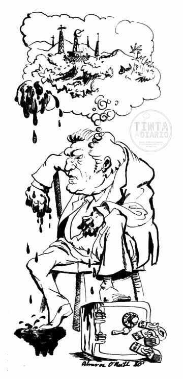 Carlos Romero Barceló pensando el suceso del Cerro Maravilla, sus manos manchadas de sangre | reportaje "Romero y Cerro Maravilla" de 22 de septiembre de 1980, dibujo de Juan Álvarez O'Neill