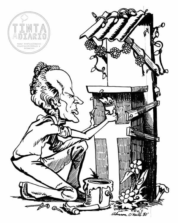 Rubén Berrios (presidente del Partido independentista ) pintando y remendando el podio del PIP | reportaje “El pragmatismo del PIP” de 22 de septiembre de 1980 dibujo de Juan Álvarez O'Neill