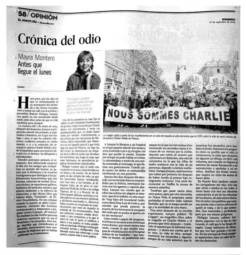 Mayra Montero crónica del odio columna antes que llegue el lunes 27 septiembre 2026