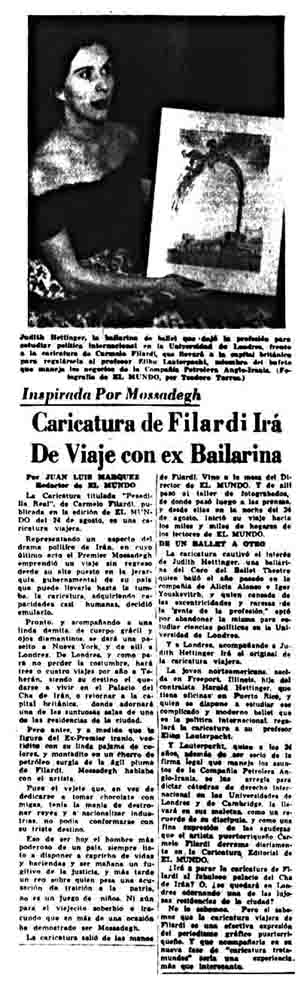 Inspirada Por Mossadegh Caricatura de Filardi Irá De Viaje con ex Bailarina, reportaje publicado en El Mundo 1953